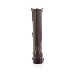 Brown knee-high boot with a rounded toe shape
