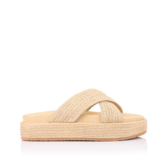 Women's platform raffia crossover slides