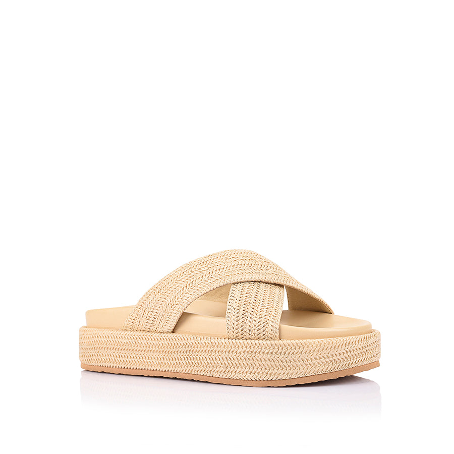 Women's platform raffia crossover slides