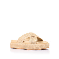 Women's platform raffia crossover slides
