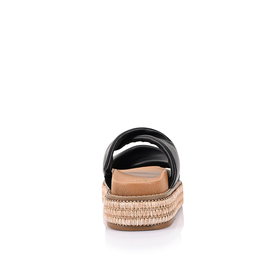 Women's black platform footbed slides with rope wrapped sole