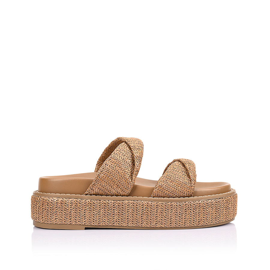Women's tan raffia vegan platform footbed slide 