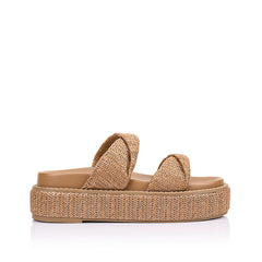 Women's tan raffia vegan platform footbed slide 