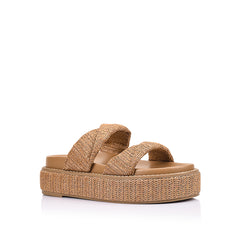 Women's tan raffia vegan platform footbed slide 
