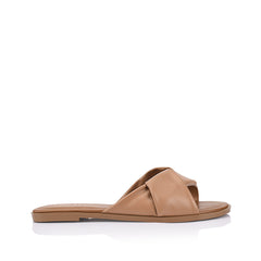Women's tan vegan slip on flat slides for summer