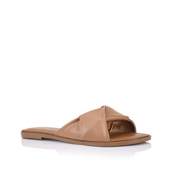 Women's tan vegan slip on flat slides for summer