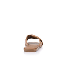Women's tan vegan slip on flat slides for summer
