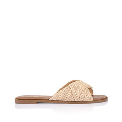 Women's raffia and tan vegan slip on flat slides for summer