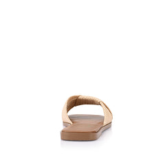Women's raffia and tan vegan slip on flat slides for summer