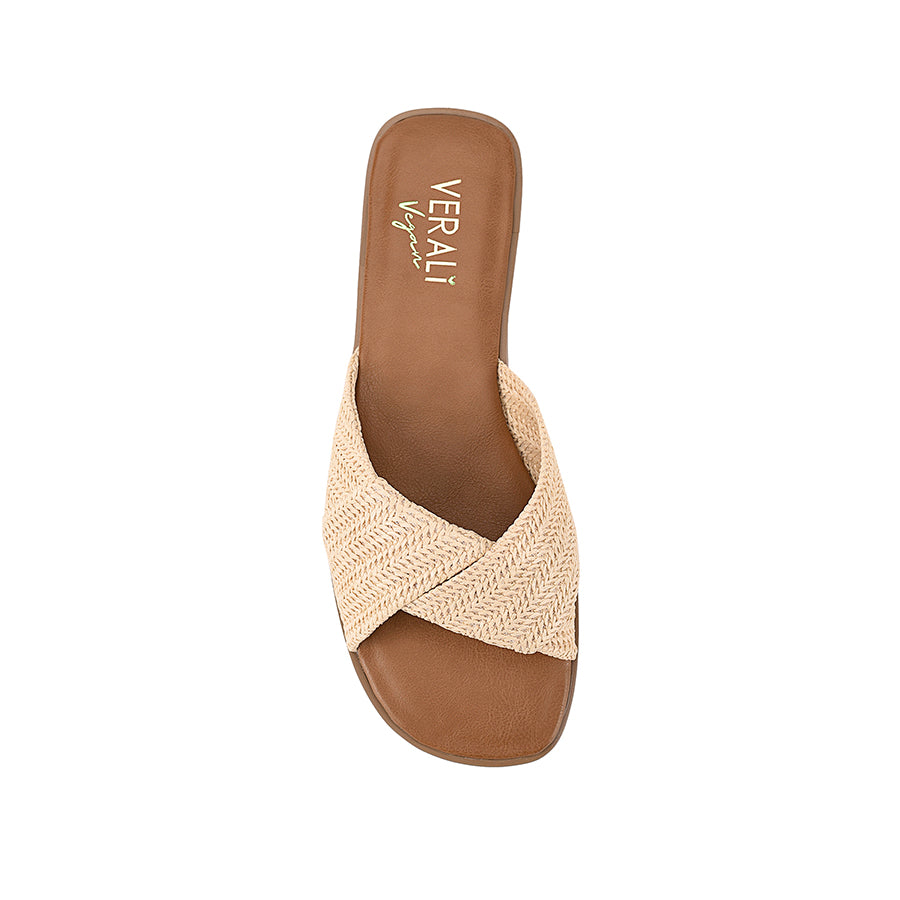 Women's raffia and tan vegan slip on flat slides for summer