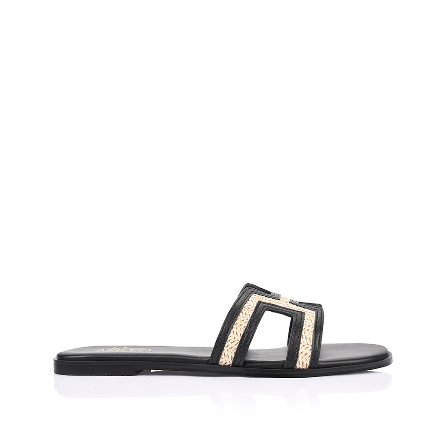 Women's black vegan and raffia flat slides