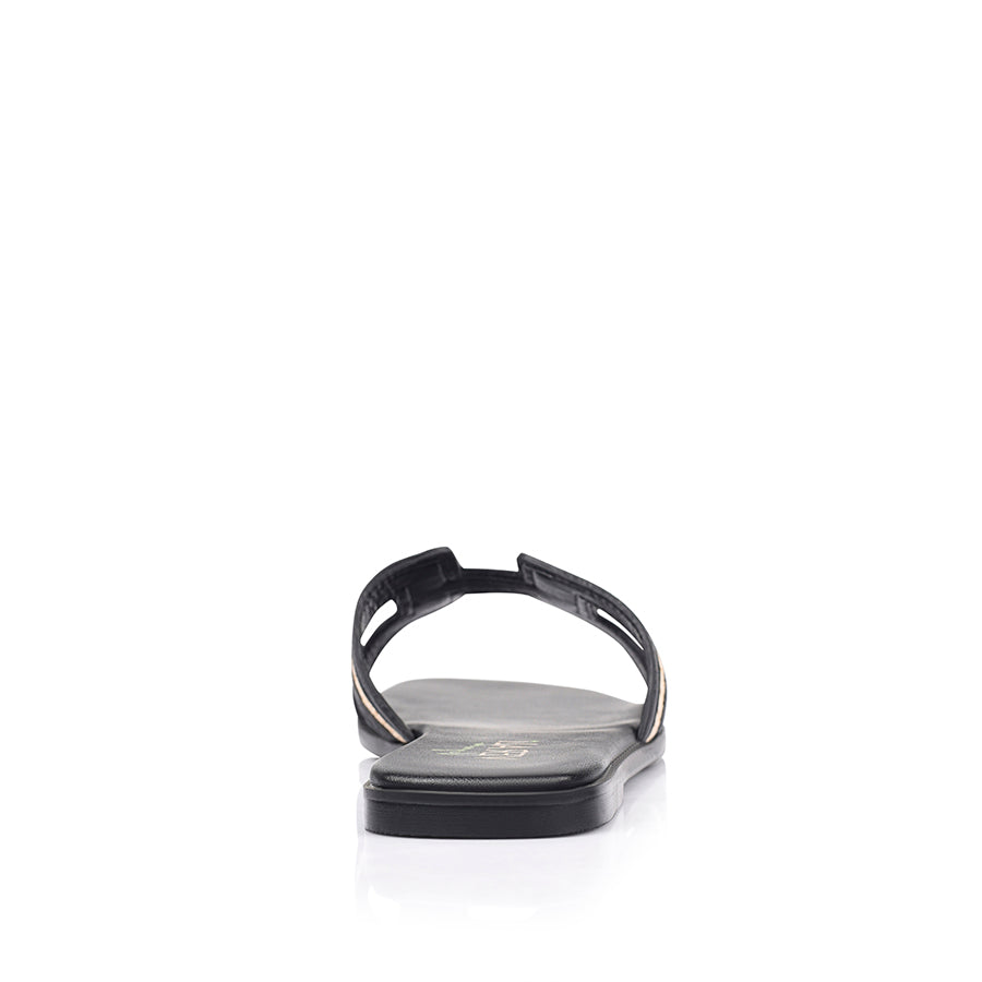 Women's black vegan and raffia flat slides