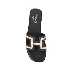 Women's black vegan and raffia flat slides