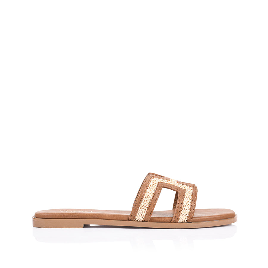 Women's tan vegan raffia flat slide