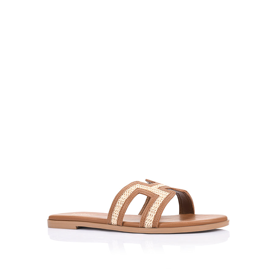 Women's tan vegan raffia flat slide