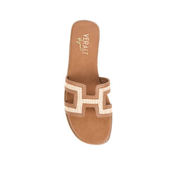 Women's tan vegan raffia flat slide