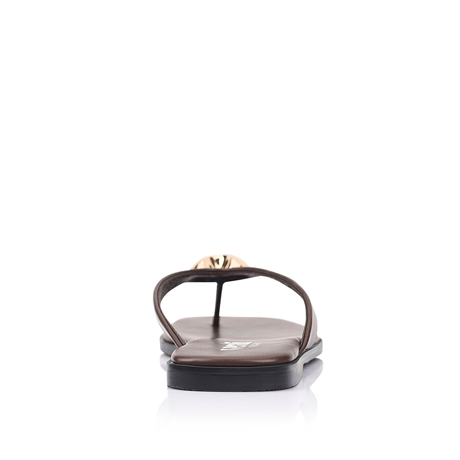 Women's chocolate brown vegan flat thongs with gold heart embellishment 