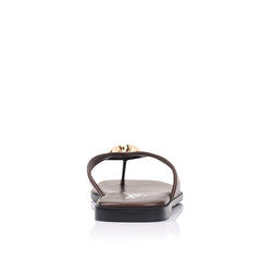 Women's chocolate brown vegan flat thongs with gold heart embellishment 
