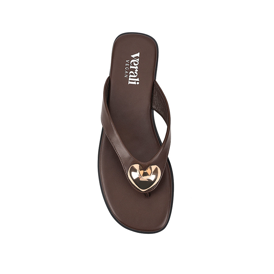 Women's chocolate brown vegan flat thongs with gold heart embellishment 