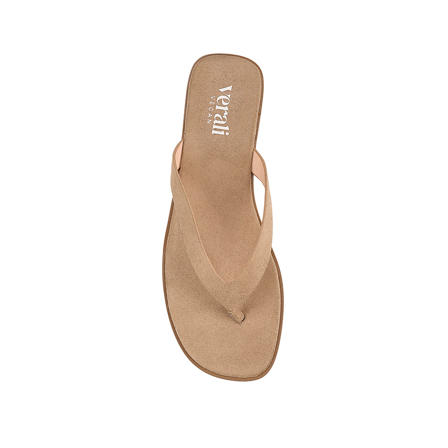 Women's taupe microsuede thongs with square toe
