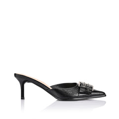 Women's kitten heel point toe mule in black crinkle with buckle detailing