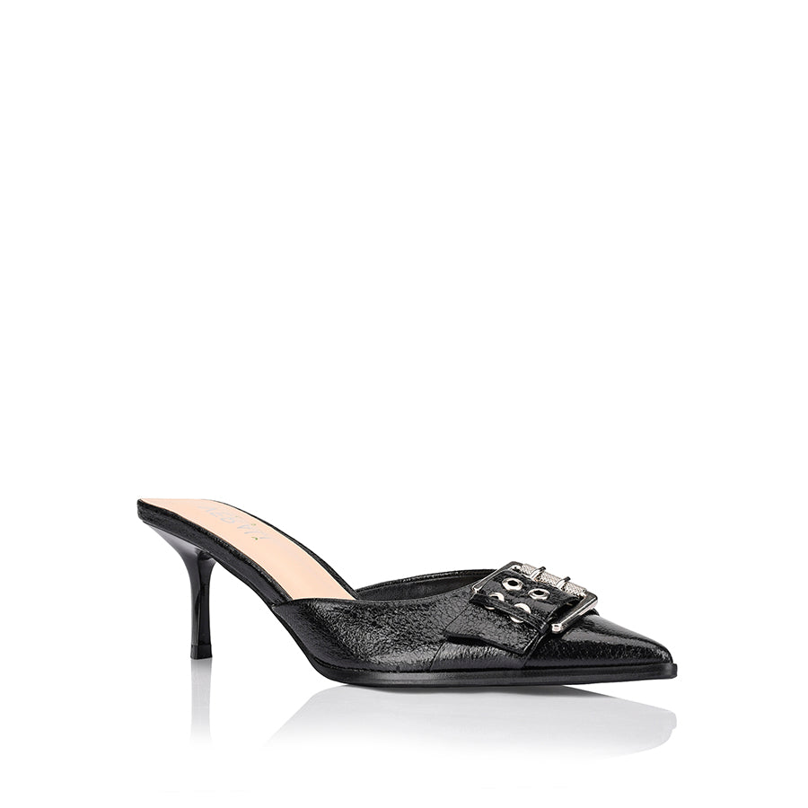 Women's kitten heel point toe mule in black crinkle with buckle detailing