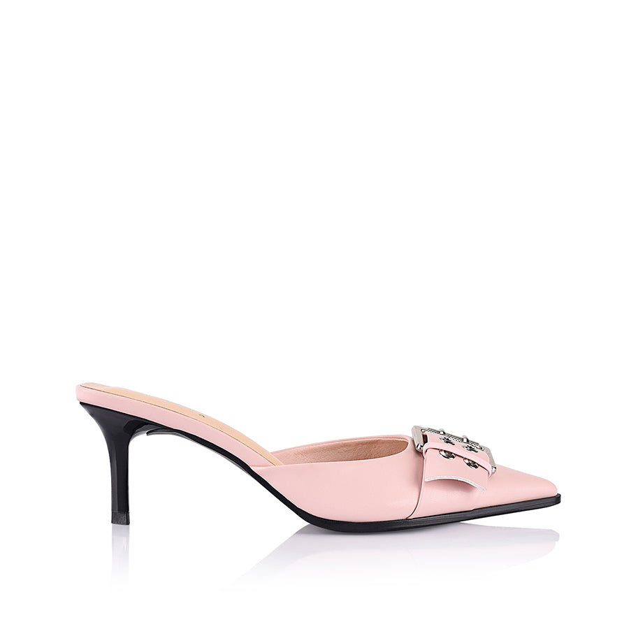 Women's kitten heel point toe mule in blush pink with buckle detailing