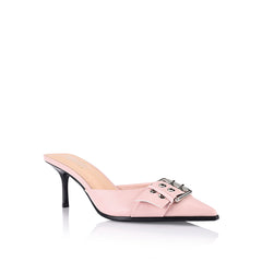 Women's kitten heel point toe mule in blush pink with buckle detailing