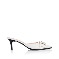 Women's kitten heel point toe mule in white crinkle with buckle detailing