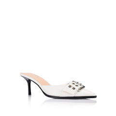 Women's kitten heel point toe mule in white crinkle with buckle detailing