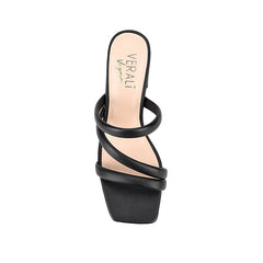 Women's black block heel mule with tubular straps