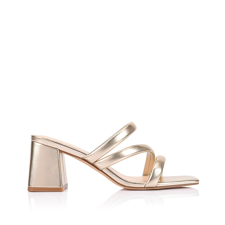 Women's metallic gold strappy block heel mule with square toe
