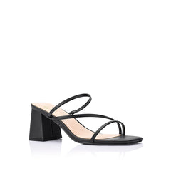 Women's vegan smooth black strappy block heel mule with square toe