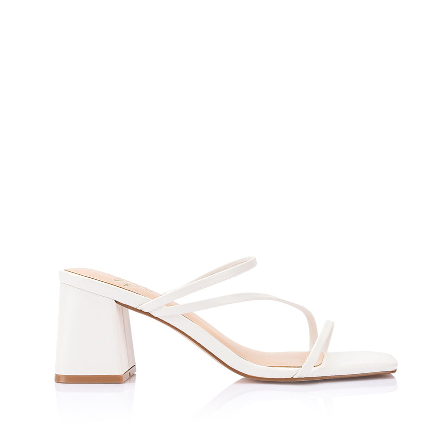 Women's vegan smooth white strappy block heel mule with square toe