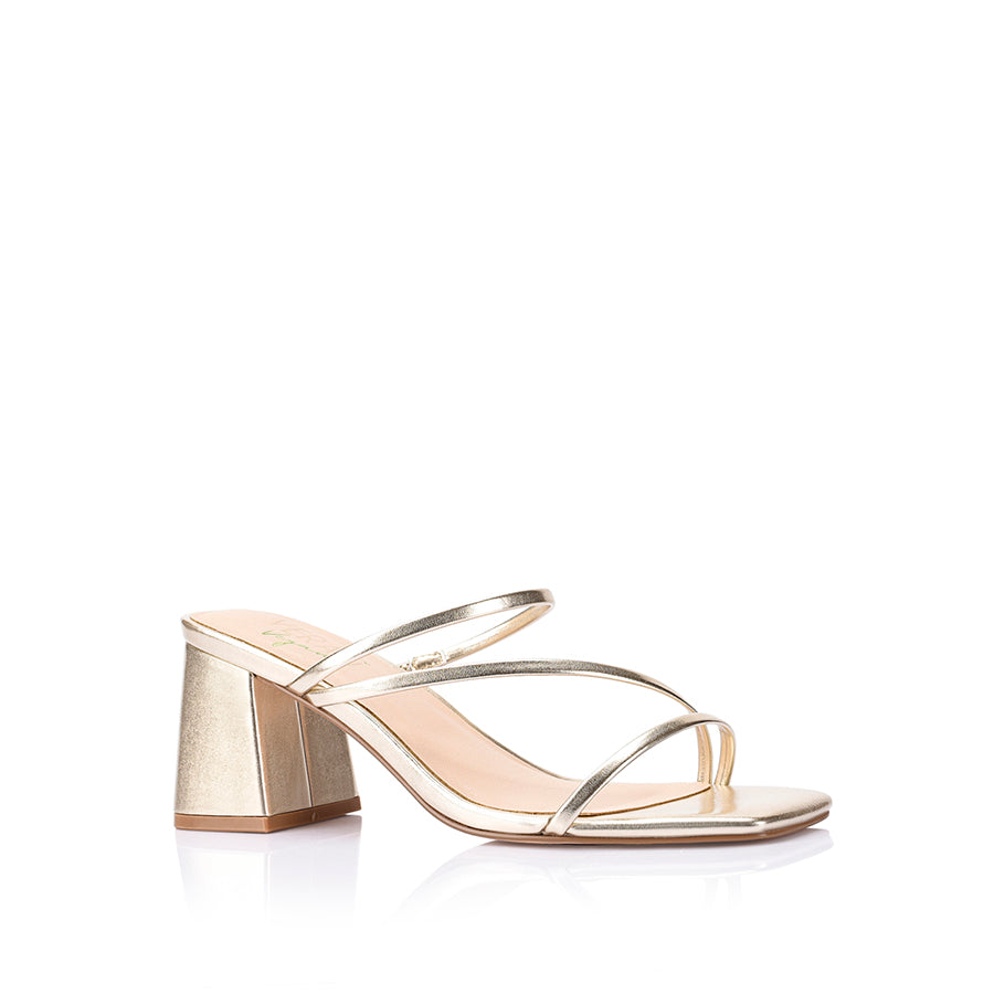 Women's vegan champagne gold metallic strappy block heel mule with square toe