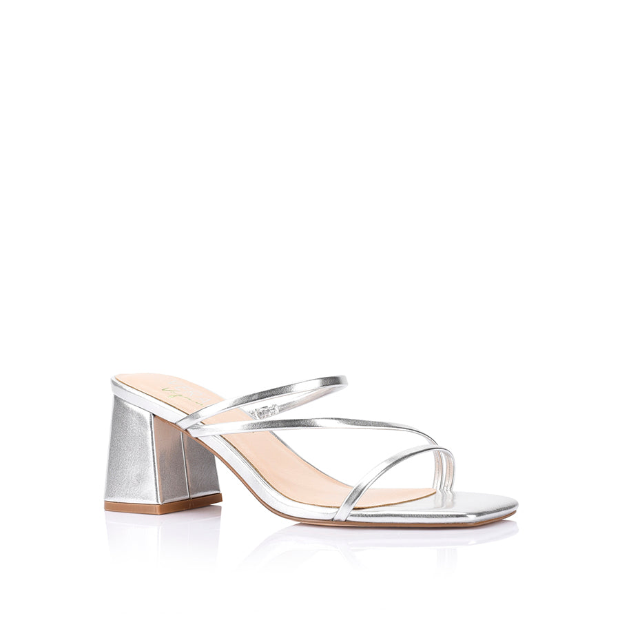 Women's vegan silver metallic strappy block heel mule with square toe
