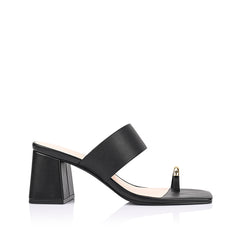 Women's black vegan block heel mule with wide strap upper and gold toe ring detail