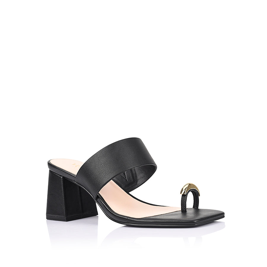 Women's black vegan block heel mule with wide strap upper and gold toe ring detail