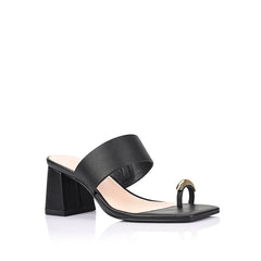 Women's black vegan block heel mule with wide strap upper and gold toe ring detail