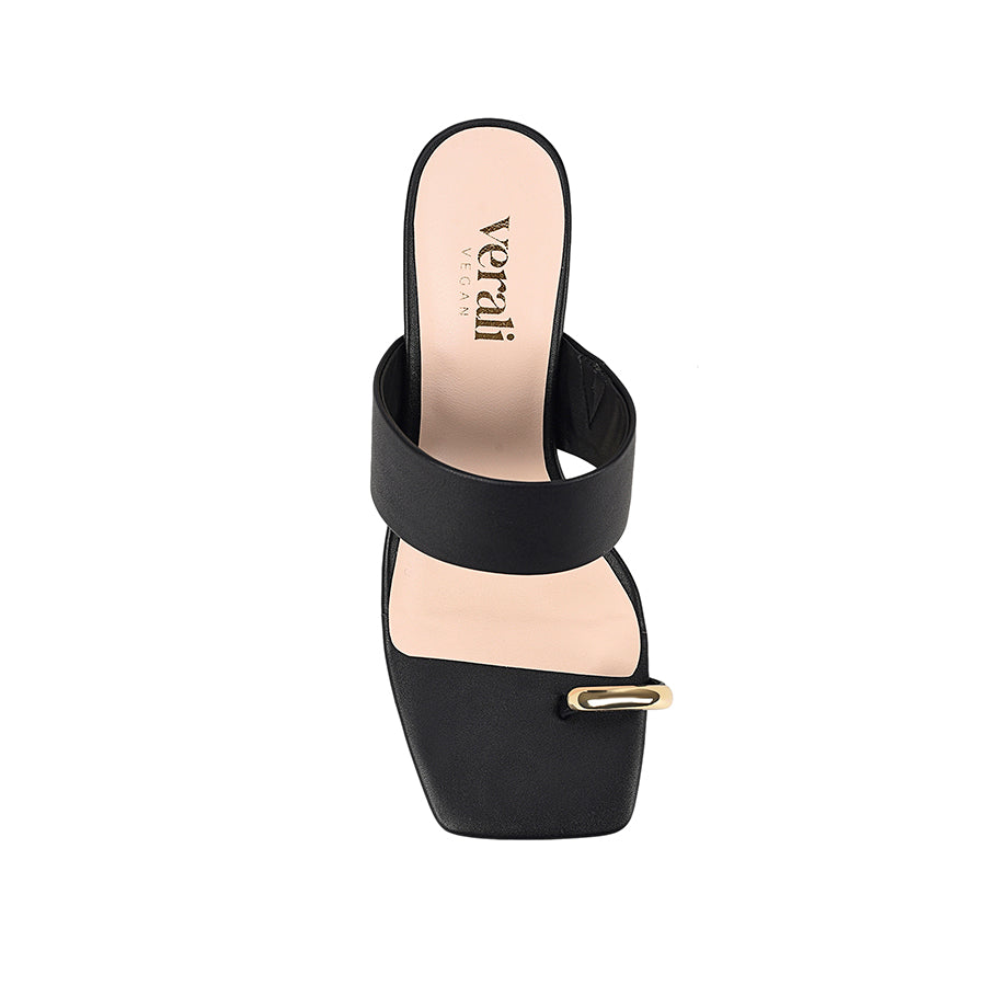 Women's black vegan block heel mule with wide strap upper and gold toe ring detail