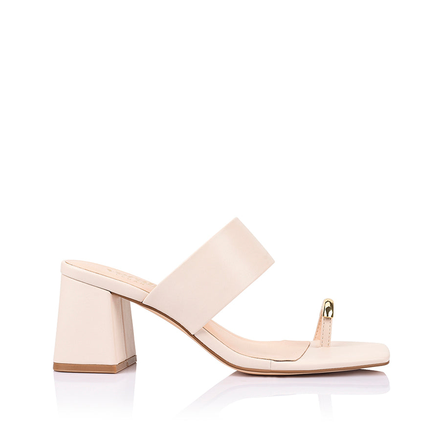Women's bone white vegan block heel mule with wide strap upper and gold toe ring detail