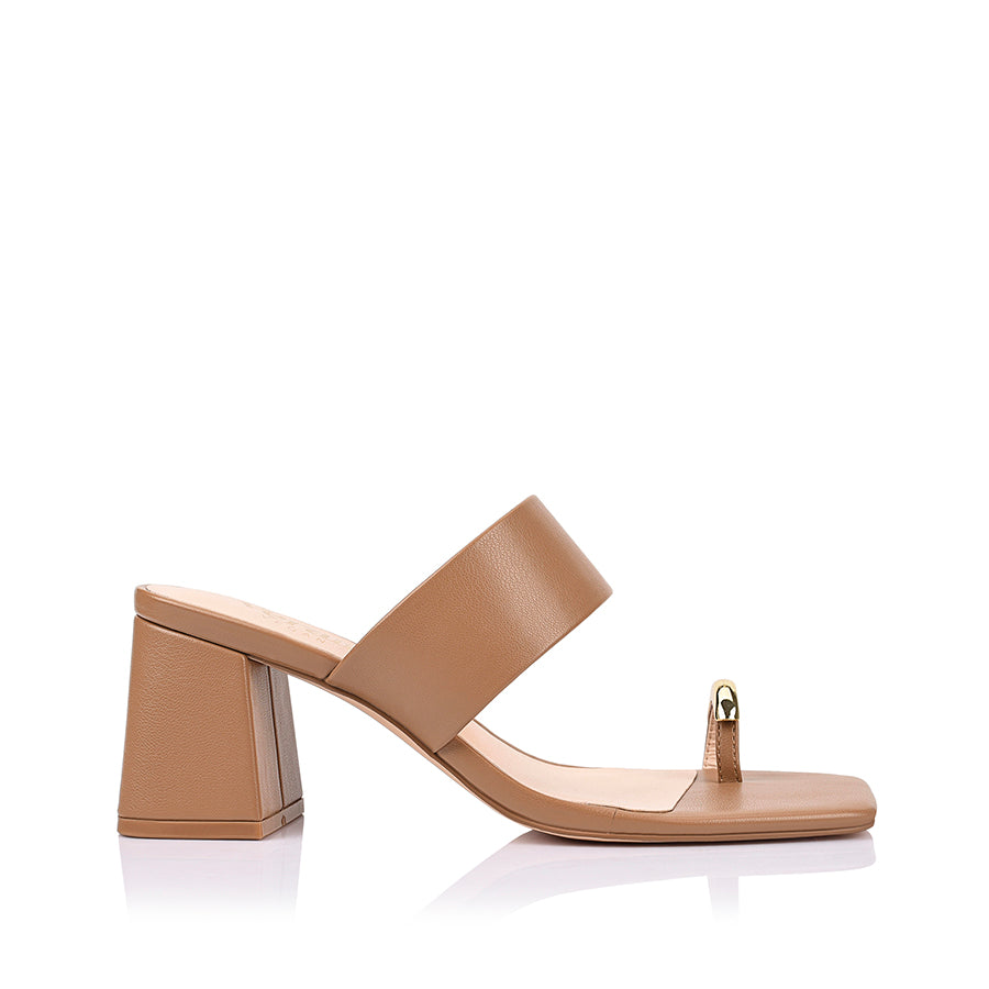 Women's camel brown block heel sandal with toe ring and square toe