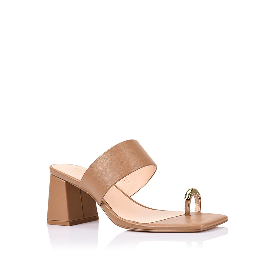 Women's camel brown block heel sandal with toe ring and square toe