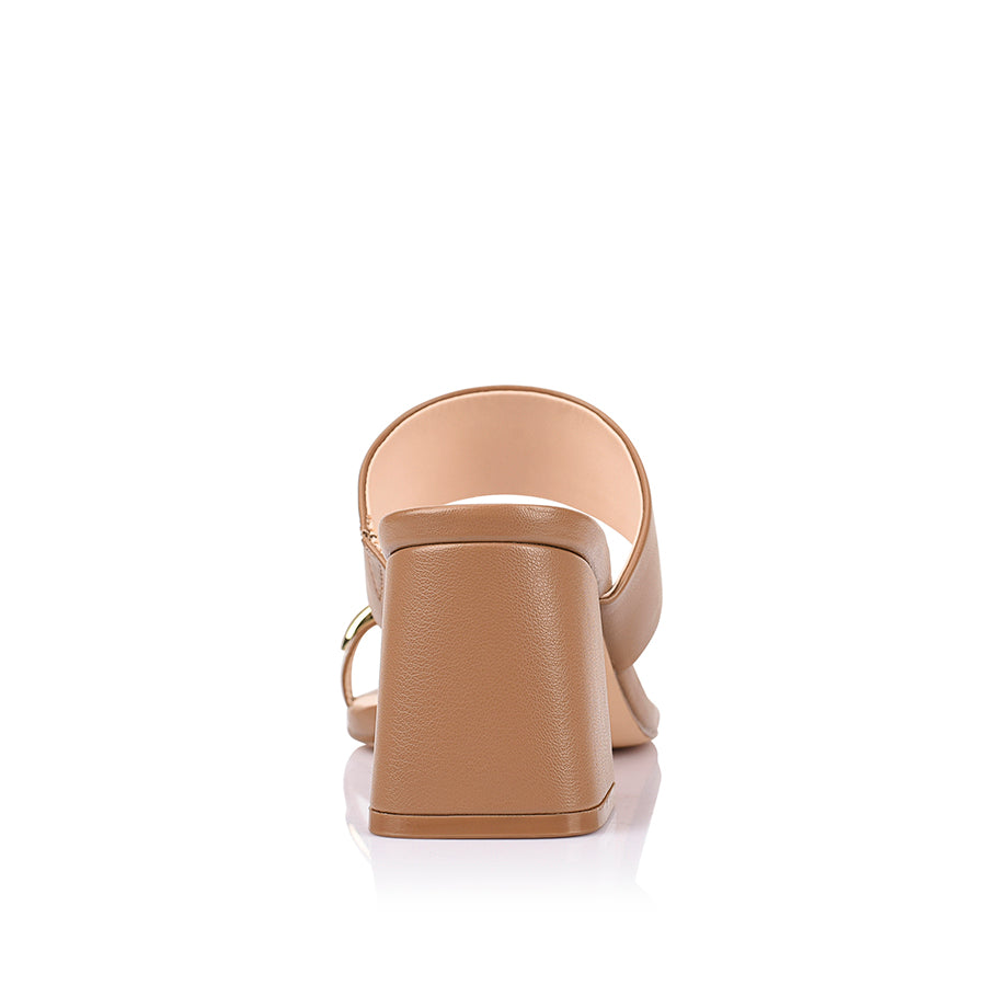 Women's camel brown block heel sandal with toe ring and square toe