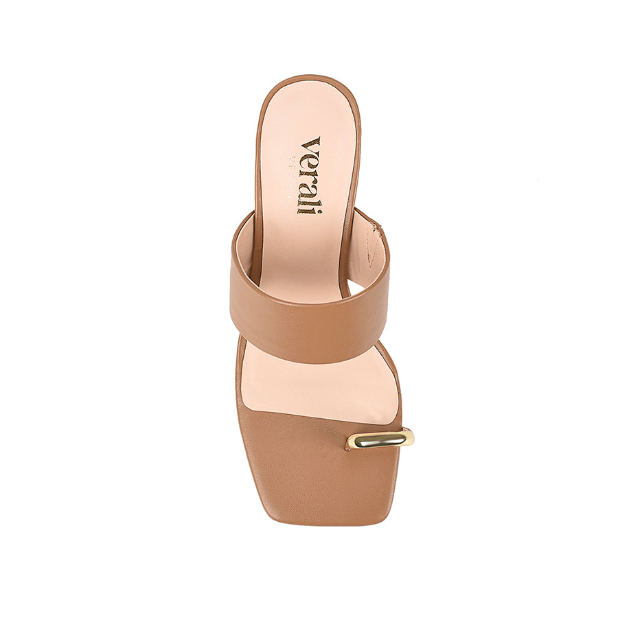Women's camel brown block heel sandal with toe ring and square toe