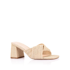 Women's natural raffia block heel mule with twist detailing