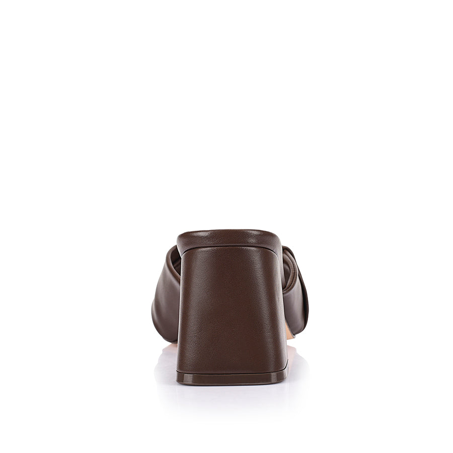 Womens chocolate brown vegan block heeled mule with crossover straps