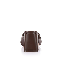 Womens chocolate brown vegan block heeled mule with crossover straps