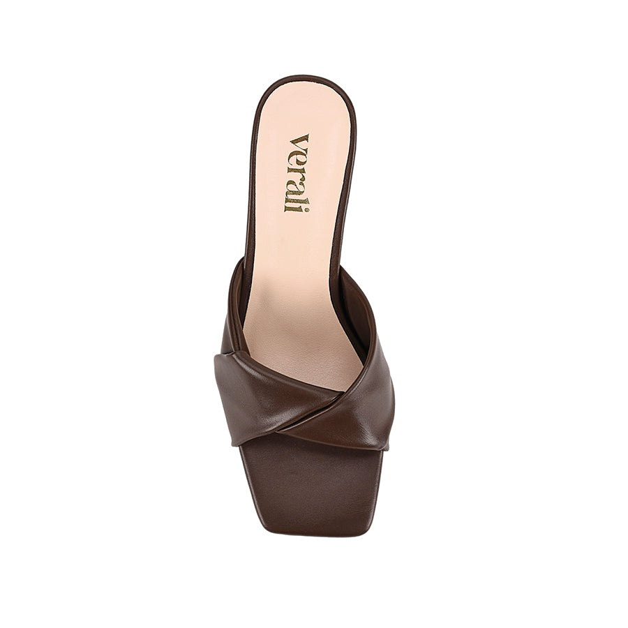 Womens chocolate brown vegan block heeled mule with crossover straps