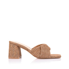 Womens brown tan raffia block heeled mule with crossover straps